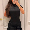 Elegant Floral Jacquard Cheongsam Mini Dress Women Black Ruffle Hem Bodycon Slim Fit Flowy Soft Chic Lady Party Gowns