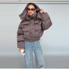 Solid Hooded Cropped Puffer Jacket Women Stand Collar Snap Button Loose Long Sleeve Jackets Winter Casual Warm Padded Coat