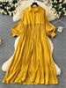 Spring Vintage Loose Dresses Women Lantern Sleeve Turn-down Collar Solid Single Breasted Casual Folds Long Dress