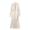 Women Satin V neck Dress Long Dresses With Scarf Chic Elegant Dresses Women Long Sleeve Casual Dress
