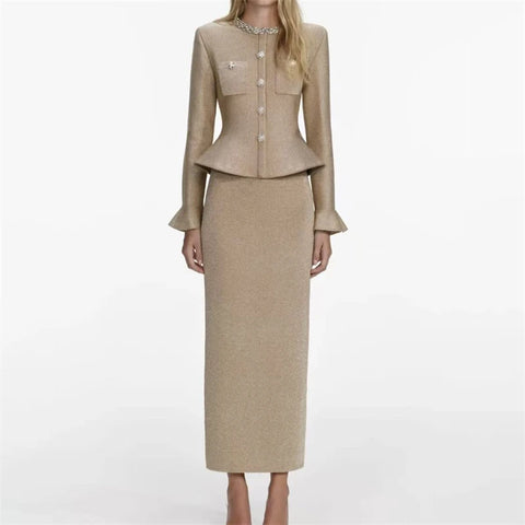 Spring Women's RoundNeck Diamond-Embellished Long-Sleeved Knitted DressY2K High-Quality Commuter Maxi Dress