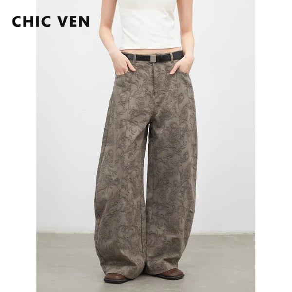Women Jeans Loose Casual High Waist Wide Leg Denim Pants Paisley Female Trousers Spring Autumn