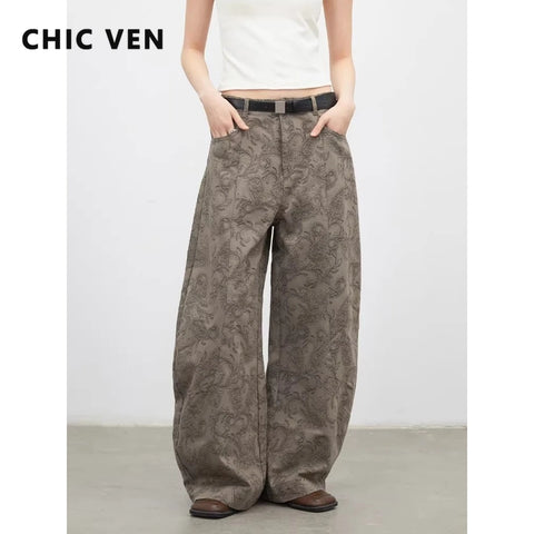 Women Jeans Loose Casual High Waist Wide Leg Denim Pants Paisley Female Trousers Spring Autumn