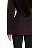 Women Big Faux Fur Lapel V‑Neck Wool Blend Blazer Jacket Double Button Fitted Waist Long Sleeve Elegant Outerwear Coat