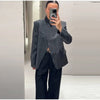 Women's Plaid Blazer Asymmetric Button Stand Collar Long Sleeve Pocket Detail Slim Fit Elegant Casual Office Outerwear