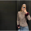Women Stand Collar Tweed Jacket Elegant Long Sleeve Faux Fur Cuffs Coat Spring Single Breasted Outerwear Street