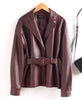 Women Split Leather Blazer With Slim Waist Belt Spring Autumn Notched Collar Loose Leather Jacket Female Coat