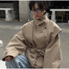 Solid Stand Collar Trench Short Coats Button Long Sleeve Pocket Zipper Windbreaker Lady High Street Outerwear