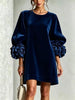 Fall Winter Women Korean Velvet Dress, Long Sleeve Dress with 3D Stereo Floral Cuffs for Party Daily