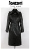 Spring Autumn Long Black Soft Faux Leather Trench Coat for Women Belt Double Breasted Elegant Overcoat 5xl 6xl