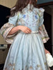Women Puff Sleeve Dress Retro Floral Lace Dresses Ruffle Tiered Belted Clothes Waist Bohemian Holiday Maxi Gown Semmer Wear