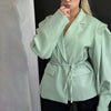 Women's Blazer with Style Spring Autumn European Elegant Commuter Look with Waist-Tie Belt Padded Shoulders