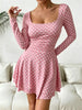 Autumn Polka Dot Print Square Neck Long Sleeve Women's Dress Waist Cinched A-Line Mini Skirt Length Sexy