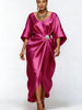 Navy Blue Satin Midi Dress Women Boat Neck Batwing Sleeve Rhinestone Waist Decor Ruched Elegant Evening Party Cocktail Dress