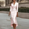 Elegant Office Lady Dress V Neck Long Sleeve Bodycon Dresses For Women Satin Midi Dress Women Party Dresses