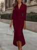 Elegant Satin European Style Dress for Women Sexy V-neck Solid Three-quarter Sleeves Slim Asymmetric Hem Midi Dresses Autumn