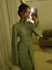 Spring Women Dress Set Minimalist Stand Collar Knot Button Slit Hem Long Dresses All-match Skirts Lady Street Gown
