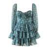 Women Sexy Cross Bandage Black Flower Print Puff Long Sleeve Dress 3 Layer Wood Ears Ruffles Hem Cake Mini Holiday Robe