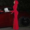 High Street Red Christma Hooded Long Sleeve Maxi Dress for Woman Slim Solid Bodycon Party Vestidos Elegant Autumn Dresses