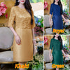 Elegant Women Dresses Lace Patchwork Satin Knee-Length Robes Femme O-Neck Half Sleeve Fitted Waist Vestidos