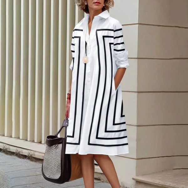 Urban Women Lapel Shirts Dress Office Ladies Long Sleeves Striped Printed Buttoned H-line Midi Dresses