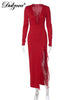 V-Neck Long Sleeve Slim Side Slit Mesh Patchwork Long Dress Women'S Solid Sexy Elegant Clothes Party Club Autumn Outfit