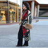 Vintage Ethnic Geometric Print Coat Women Belted Waist Faux Fur Cuff Patchwork Open Front Maxi Robe Autumn Winter Chic Cardigan