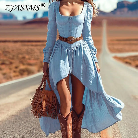 Retro Sexy Square Collar Hollow Irregular Dress Woman Pure Elegant Button Pleated Dress Fall Long Sleeve Ruffle Swing Boho Dress