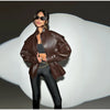 Solid PU Leather Jacket Women Turn-down Collar Zipper Front Puffy Sleeves Stylish Coat Spring Casual Lady Outerwear