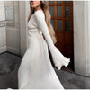Elegant Knitted Ruffle Dress Women White O-neck Long Flare Sleeve Maxi Dresses Female Autumn Lady Vestidos
