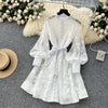Women Elegant Floral Emboridery Dress Hollow Out Long Sleeve Single Breasted Belt French Court Chic Short A Line Dress