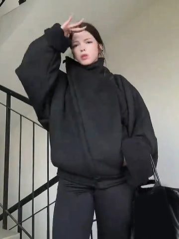 Women Oversized Wrap High Neck Wool Blend Cropped Coat Loose Long Sleeve Solid Black Short Jacket Commuter Streetwear Outerwear