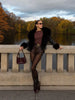Black Fur Collar Leather Jacket Women Chic Solid Full Sleeves Waist Cinching V-neck Short Coat Lady High Street Outerwear