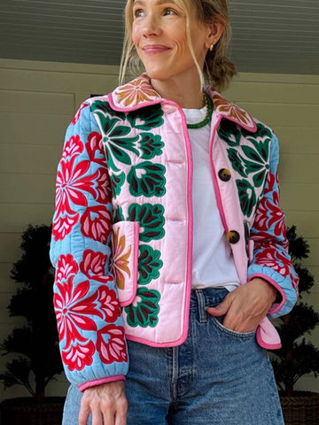 Winter Women's Flower Print Parkas Lapel Single-breasted Long Sleeve Pocket Quilted Coat Female Vintege Lady Outwear