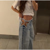 Y2K Women's Diamond Star Blue Jeans High Waist Pockets Zipper Wide Leg Denim Pant Summer Autumn Lady Street All-match Pants