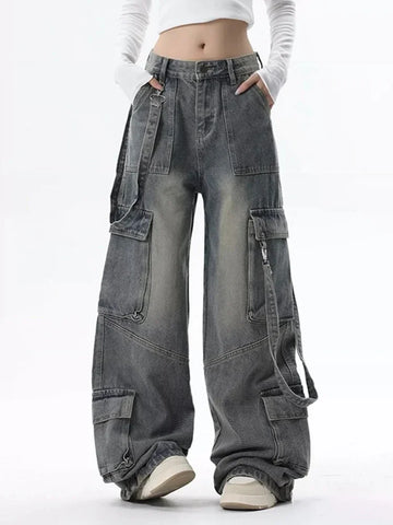 Cargo Jeans for Women Baggy High Street Chic All-match Daily Vintage High Waist Trousers Autumn Multi-pockets Classic