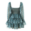 Women Sexy Cross Bandage Black Flower Print Puff Long Sleeve Dress 3 Layer Wood Ears Ruffles Hem Cake Mini Holiday Robe