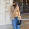 Women Faux Fur Collar Puffer Jacket Lapel Oversized Long Sleeve Warm Loose Thick Coat Female Winter Casual Jackets