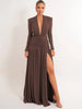 Women Glitter Maxi Evening Dress Deep V Neck Long Sleeve Ruched High Slit Formal Party Dress For Wedding Guest Prom