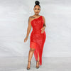 Women Tassel Side Sequins One Shoulder Skew Neck Bodycon Midi Maix Irregular High Low Long Dress Sexy Night Party