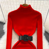 Elegant Turtleneck Long Sleeve Knit Soft Tight Pencil Dress with Belt Slim Warm Sweater Vestido Sexy Women Winter Robe