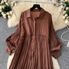 Spring Vintage Loose Dresses Women Lantern Sleeve Turn-down Collar Solid Single Breasted Casual Folds Long Dress
