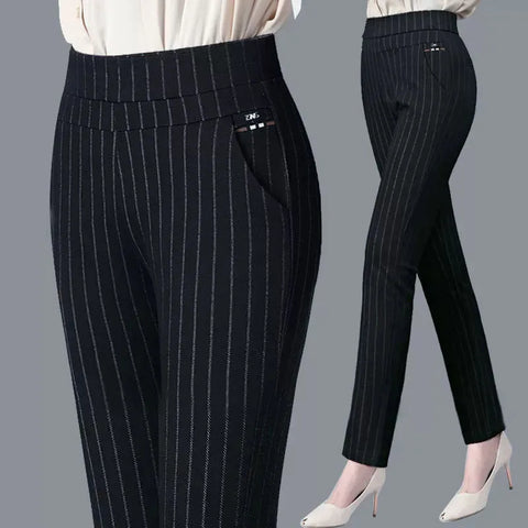 Black Striped Pencil Pants Women High Waisted Elastic Slim Fit Occupation Office Wear Lady Pants with Pocket Casual Trousers