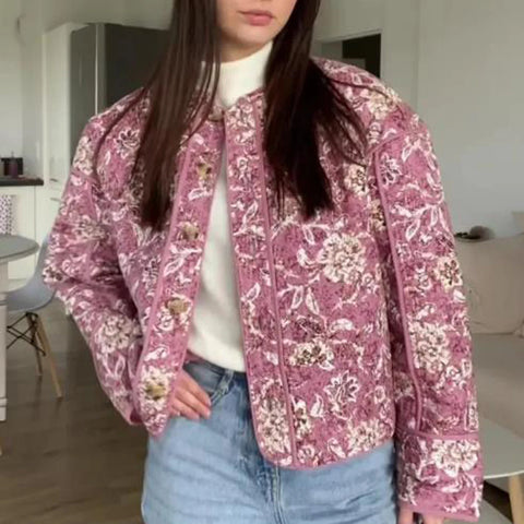 Women's Cropped Puffer Jacket Floral Print Padded Quilted Coat Long Sleeve Lightweigt Vintage Padded Jacket Outerwear