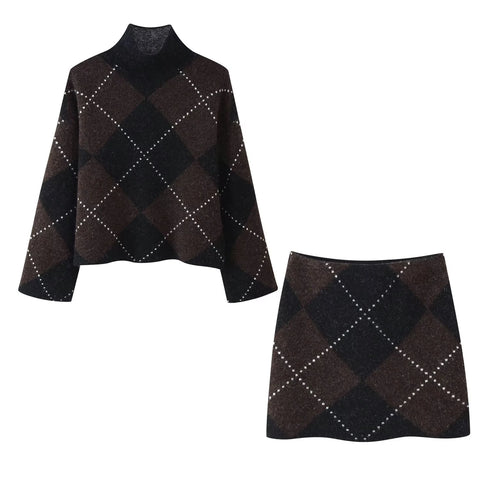 Winter Women's Long Sleeve High-Neck Knit Top + High-Waist Fitted Knit Diamond Pattern Midi Dress Set