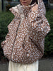 Women Deer Spotted Hooded Puffer Jacket Brown White Dots Drawstring Hood Cropped Elastic Cuff Coats Warm Winter Casual Outerwear