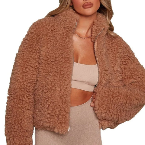 Autumn Winter Faux Fur Coat Women Casual Warm Soft Zipper Fur Short Jacket Plush Overcoat Pocket Teddy Coat Female Jacket