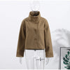 Woolen Dark Blue Jacket Women Autumn Single Breasted Stand Collar Loose Female Coat Office Lady Street Short Outwear Tops