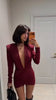 Sexy Burgundy Deep V-neck Mini Dress Women Elegant Full Sleeve Shoulder Pads Pleated Slim Short Dresses Lady Evening Party Gowns