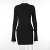 Dark Blue Two Pocket Sexy Mini Dress For Women Autumn Winter Long Sleeve Bodycon Club Party Dress Elegant